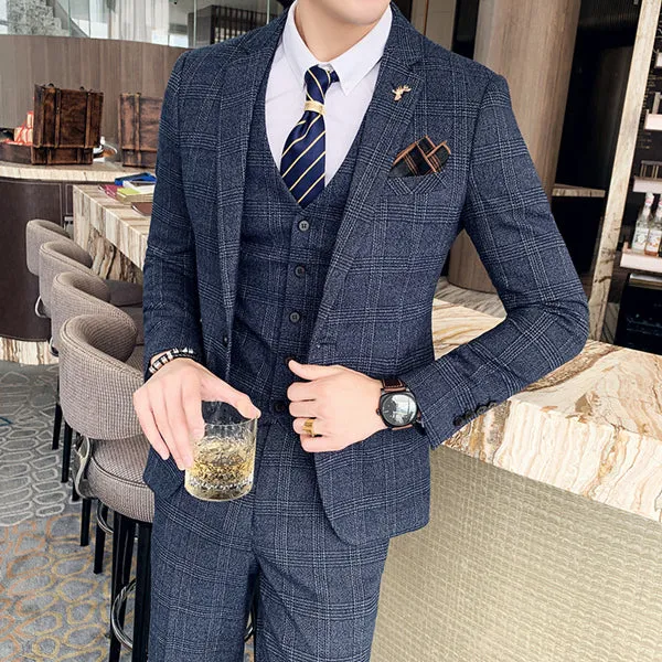 ( Jacket   Vest   Pants )  Plaid Casual Business Suit High-end Social Formal 3 Pcs Set