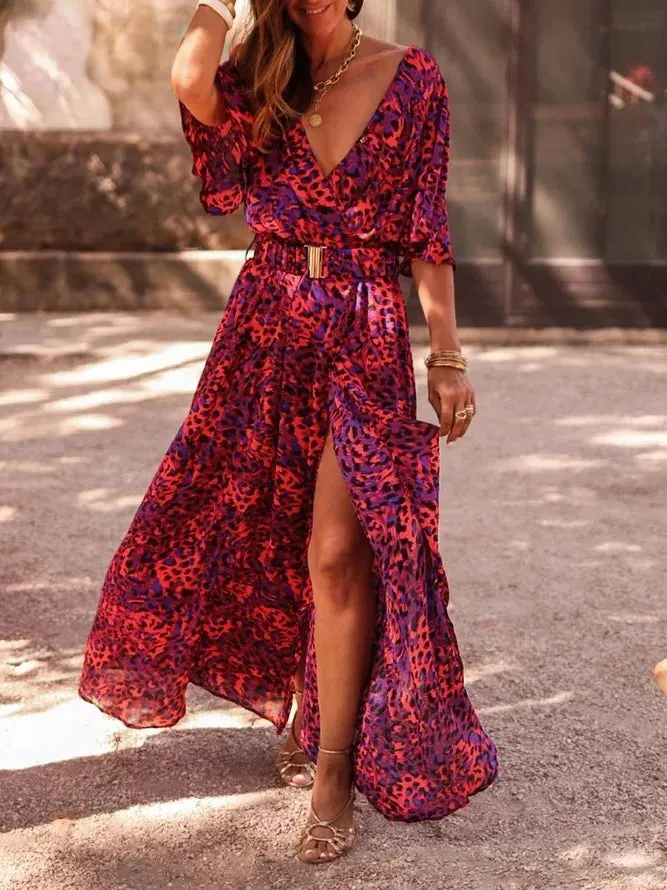 2024 Fashionable V Neck Short Sleeve Spring Summer Boho Dress