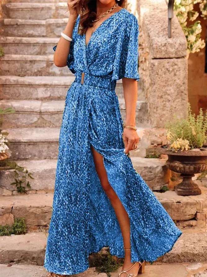 2024 Fashionable V Neck Short Sleeve Spring Summer Boho Dress