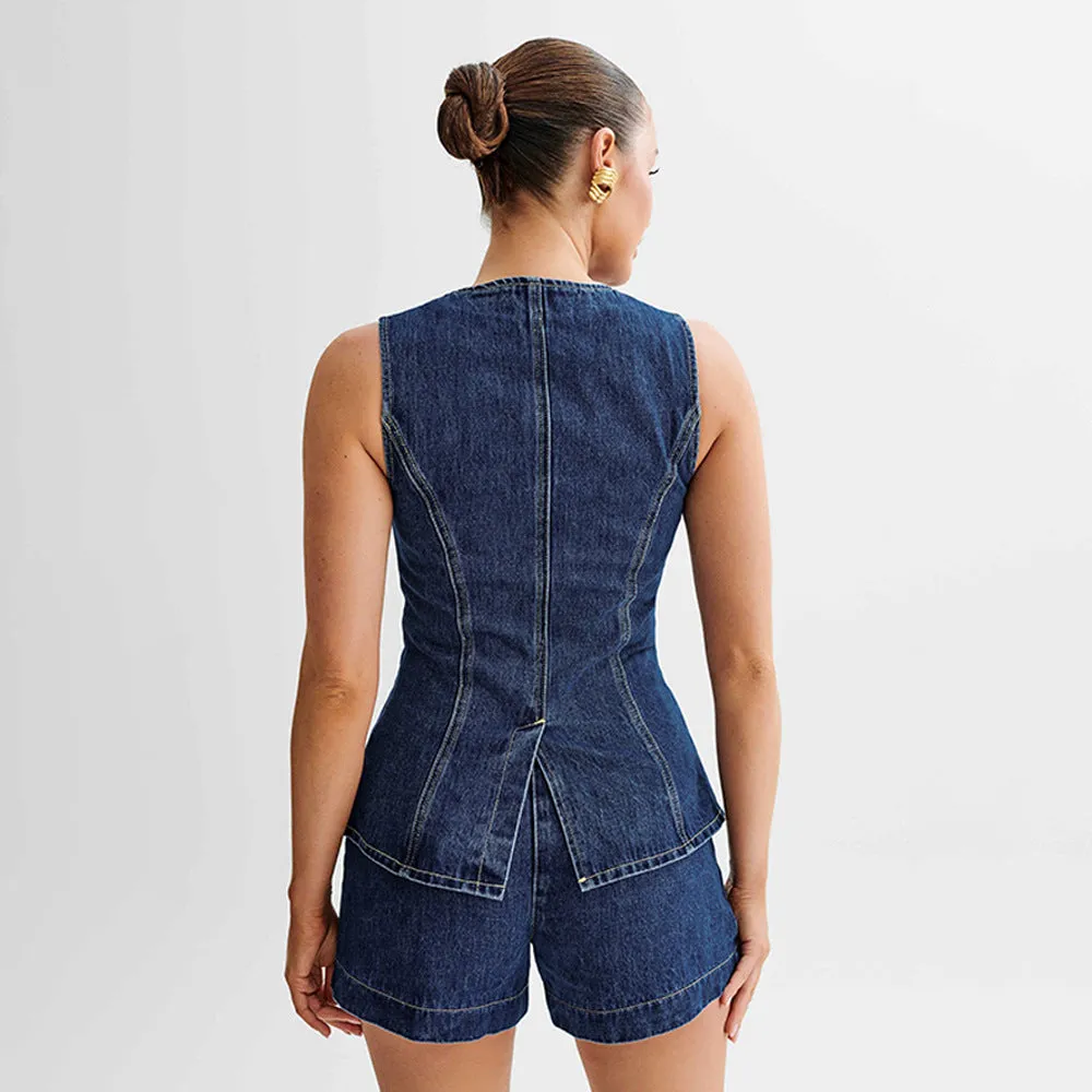 2024 Summer Foreign Trade Women’s AliExpress Back Vest Shorts Denim Slim Fit Two-Piece Set Suit