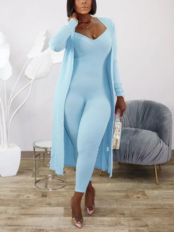 2Pcs Solid Color Jumpsuit & Cardigan