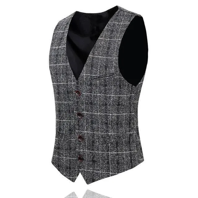 3 Pieces Suits Men British Style Designs Slim Fit Plaid Dress Tuxedo