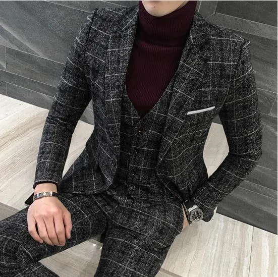 3 Pieces Suits Men British Style Designs Slim Fit Plaid Dress Tuxedo