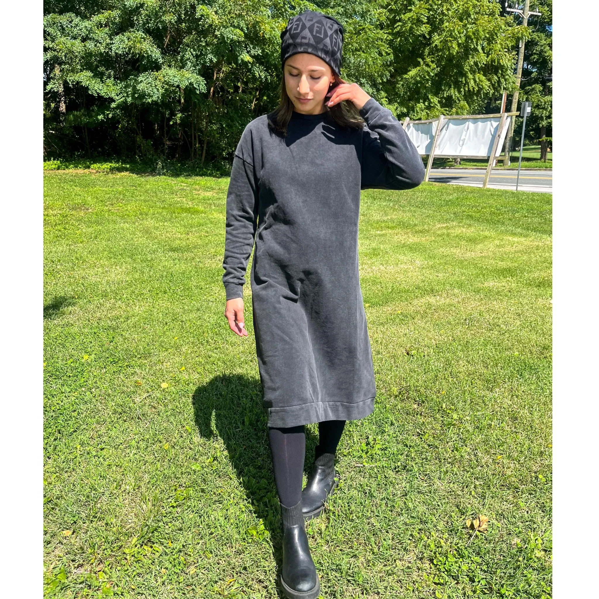 Acid Wash Sweatshirt Dress Black