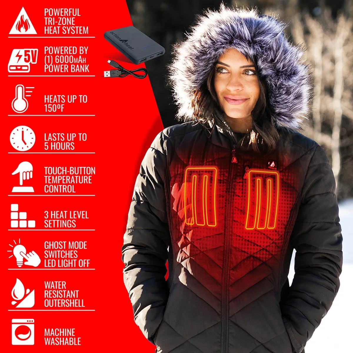 ActionHeat 5V Women's Heated Long Puffer Jacket W/ Hood