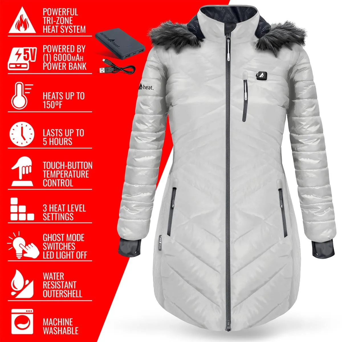 ActionHeat 5V Women's Heated Long Puffer Jacket W/ Hood