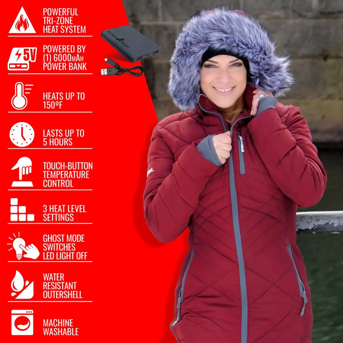 ActionHeat 5V Women's Heated Long Puffer Jacket W/ Hood