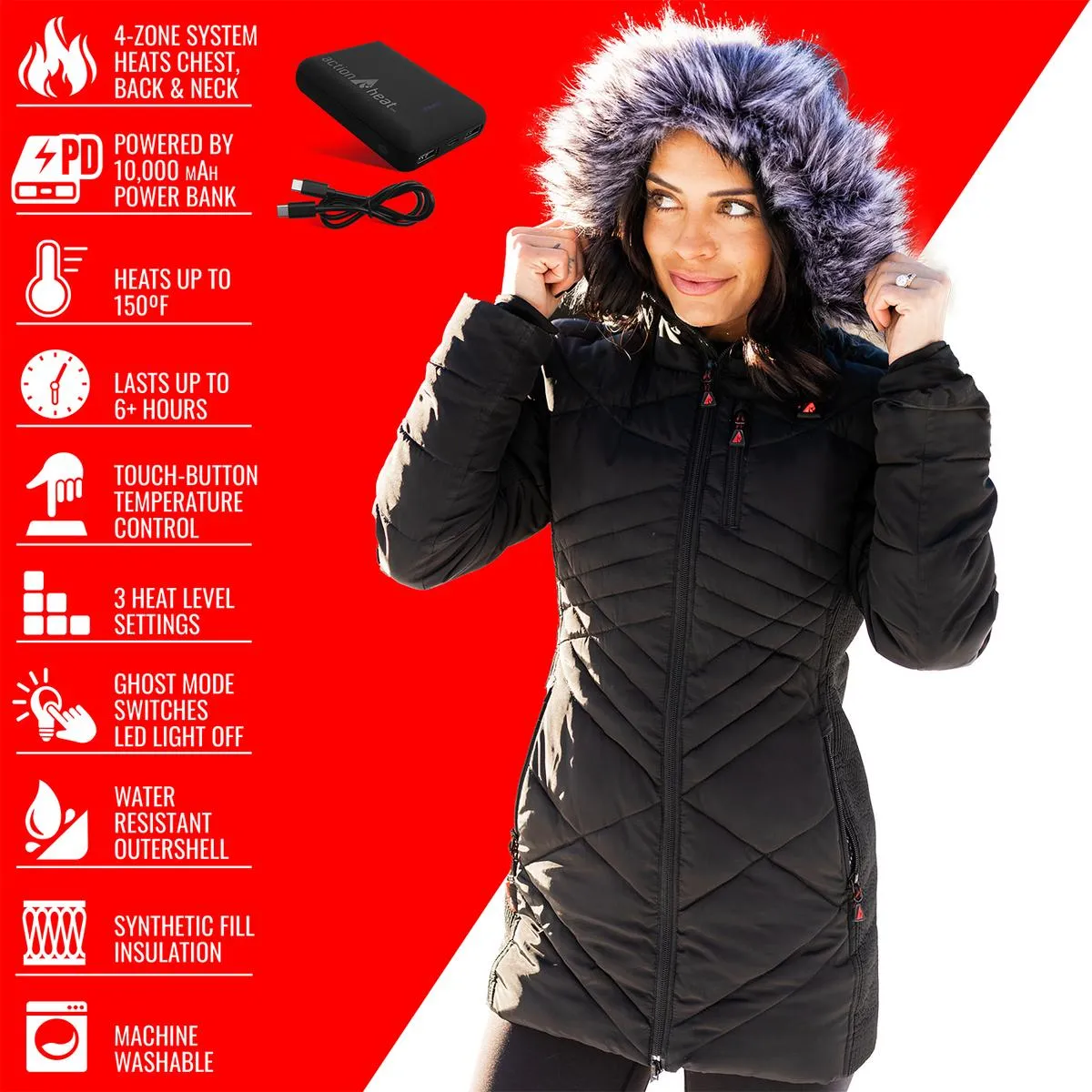 ActionHeat Philadelphia Eagles 5V Women's Long Puffer Battery Heated Jacket