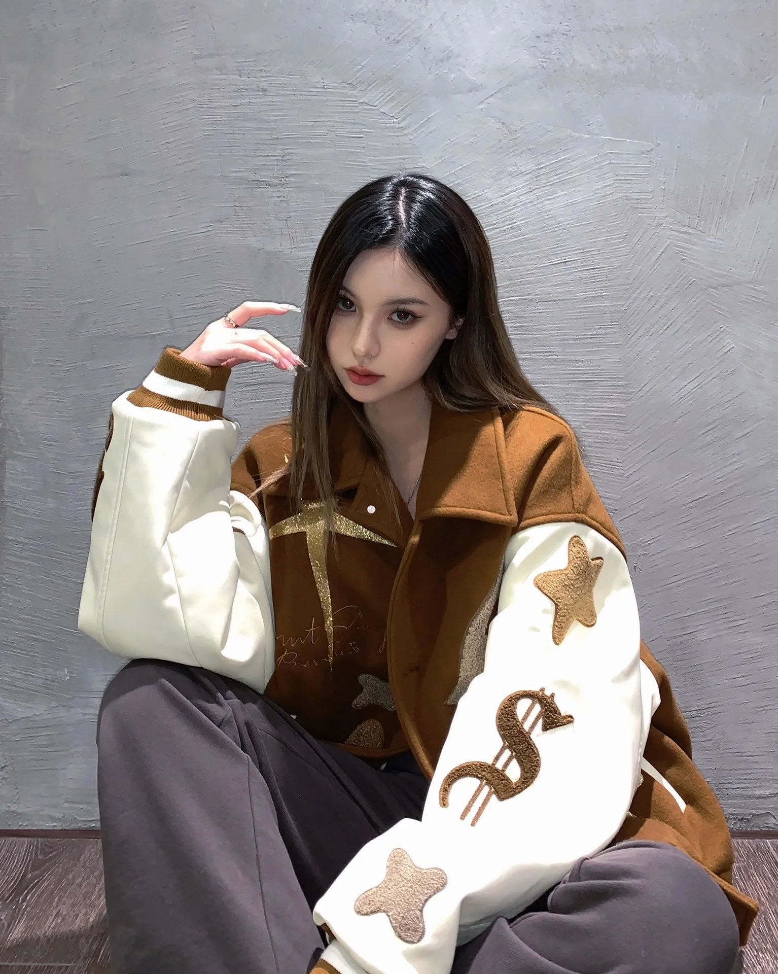 AINTSHY Padded Baseball Jacket-Brown