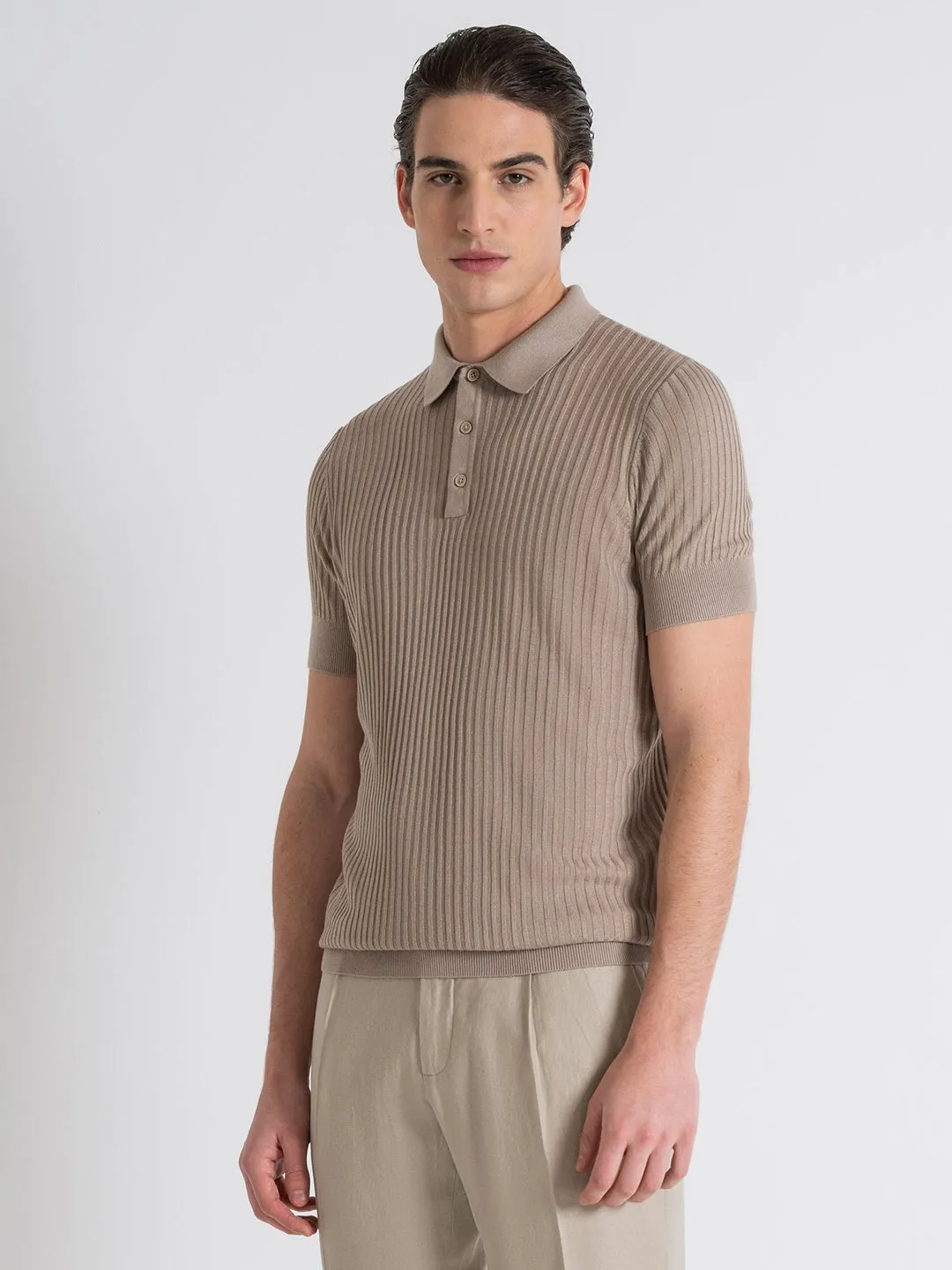 Antony Morato Men Beige Striped Polo Collar Short Sleeves T-Shirt