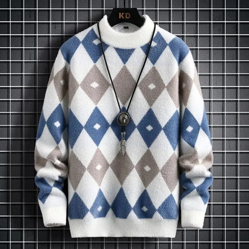 Argyle Sweater - Elevate Your Style: Colour-Blocked Half Turtleneck Warm Sweater - Long Sleeve Loose Knit Pullover