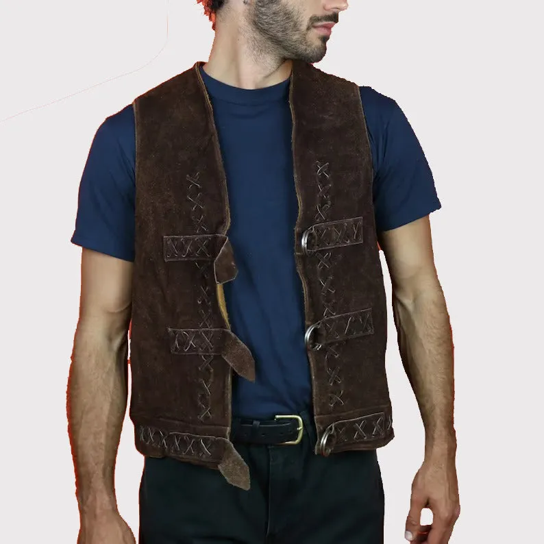 Authentic Dark Brown Suede Men's Leather Vest