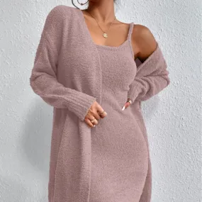 Autumn Winter New Trendy Casual Fluffy Cardigan Camisole Dress Homewear Two-Piece Set Women Suit