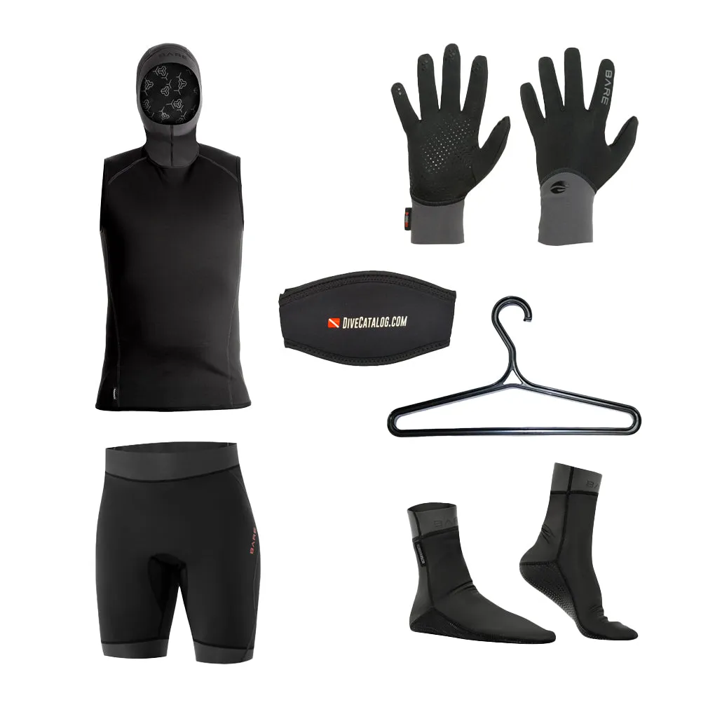 BARE Men's Exowear Hooded Vest, Shorts, Gloves, Socks Package w/ FREE Wetsuit Hanger & Mask Strap