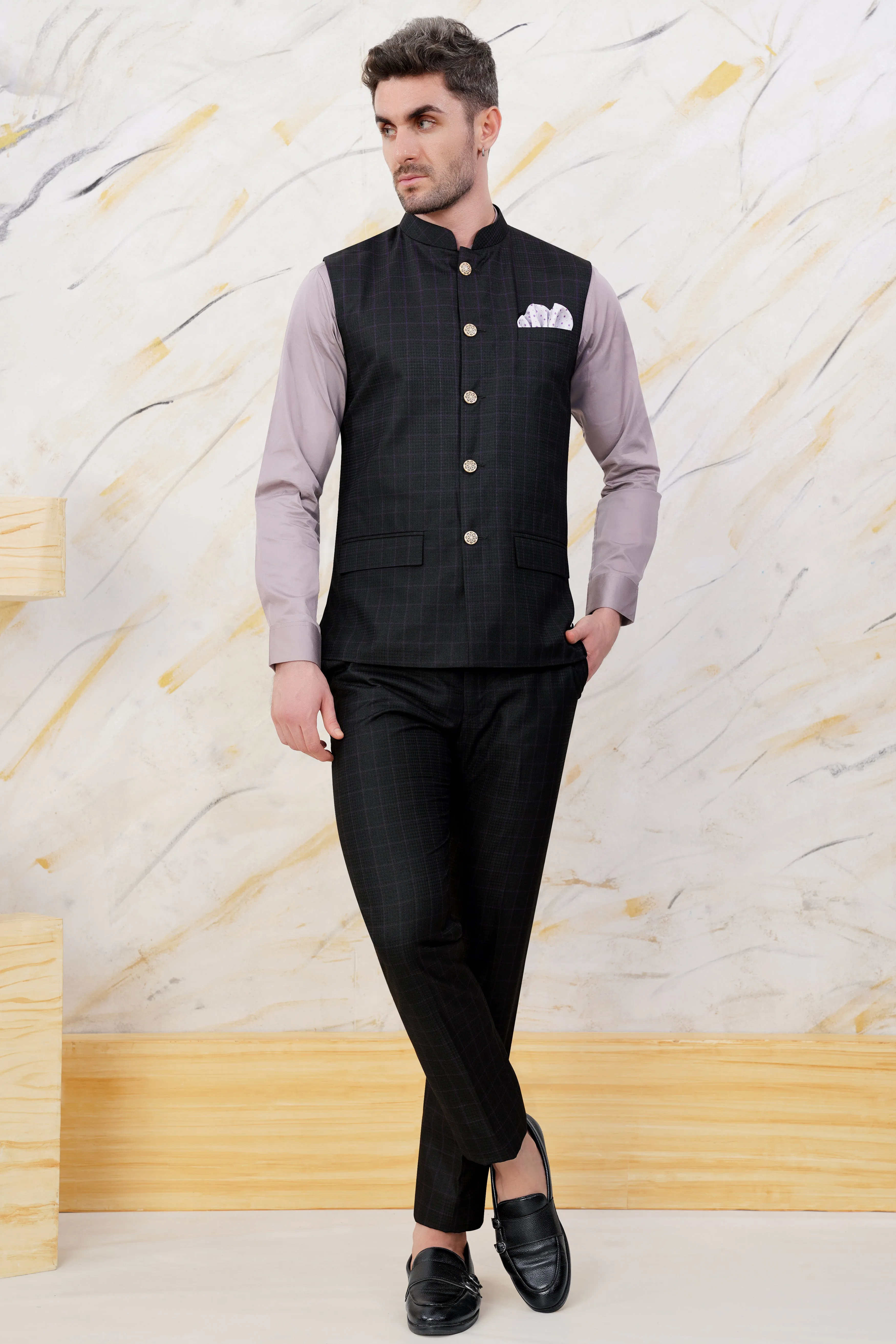 Bastille Black and Murasaki Purple Windowpane Wool Rich Nehru Jacket