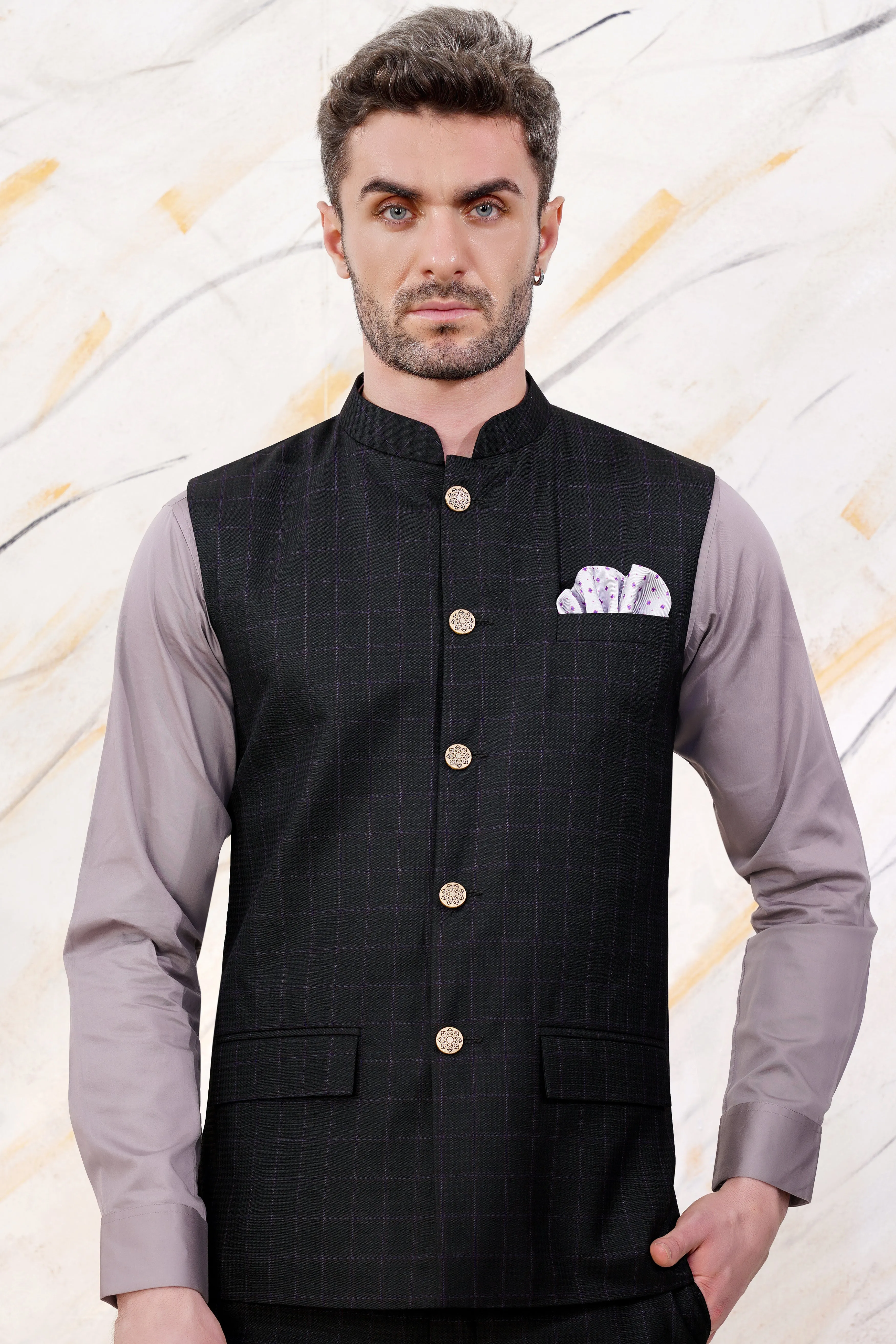 Bastille Black and Murasaki Purple Windowpane Wool Rich Nehru Jacket