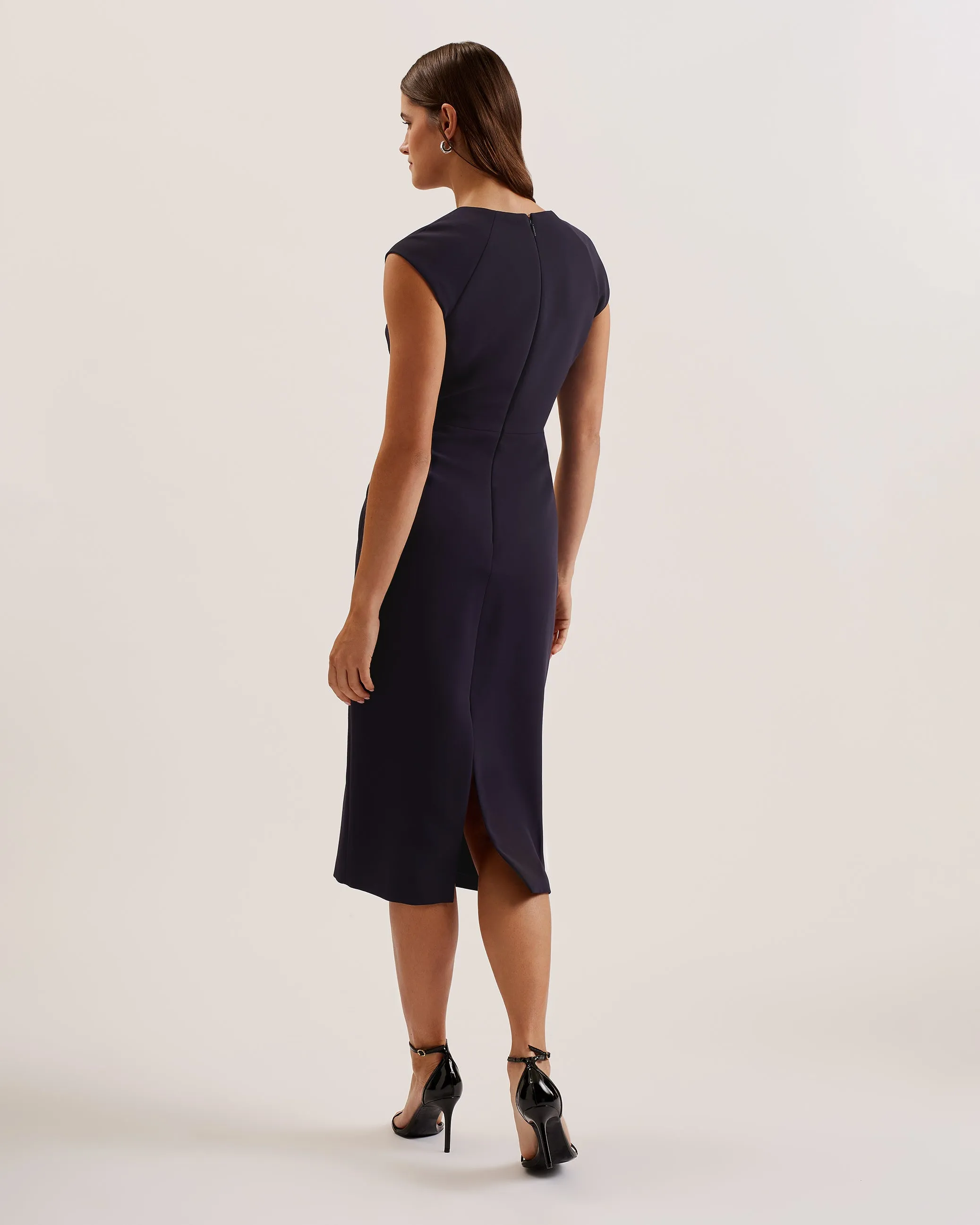 Bayree Asymmetric Folded Neckline Midi Dress Navy