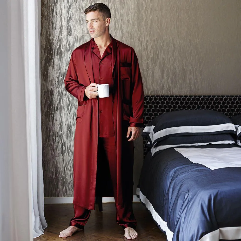 Best men's silk long pajamas Set  Luxury Silk Pajamas Robe Set with Trimming