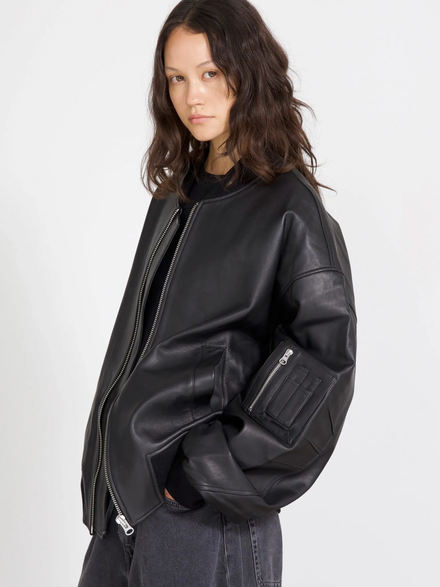 BIANCA LEATHER BOMBER - BLACK