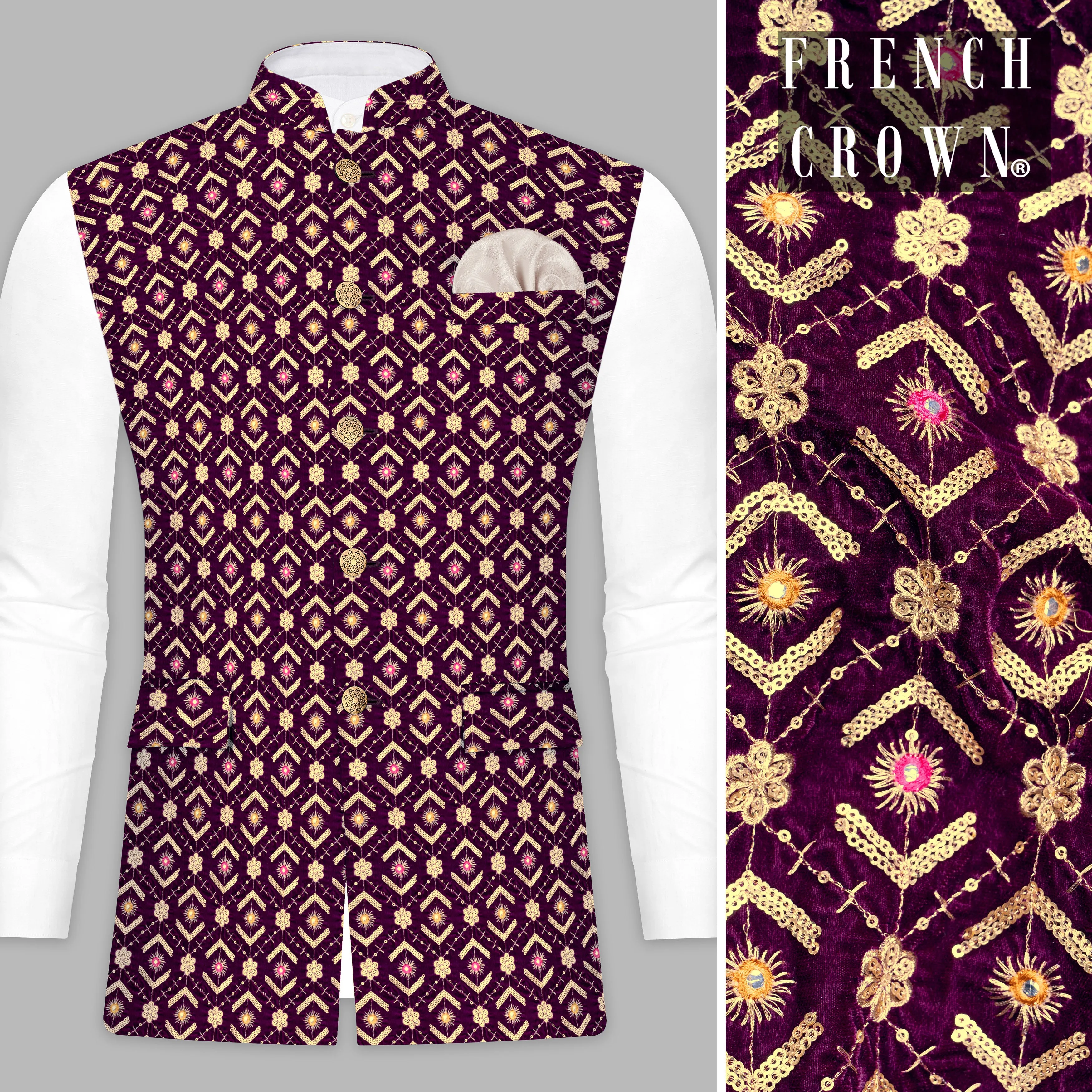 Blackberry Purple Velvet Thread And Sequin Embroidered Nehru Jacket