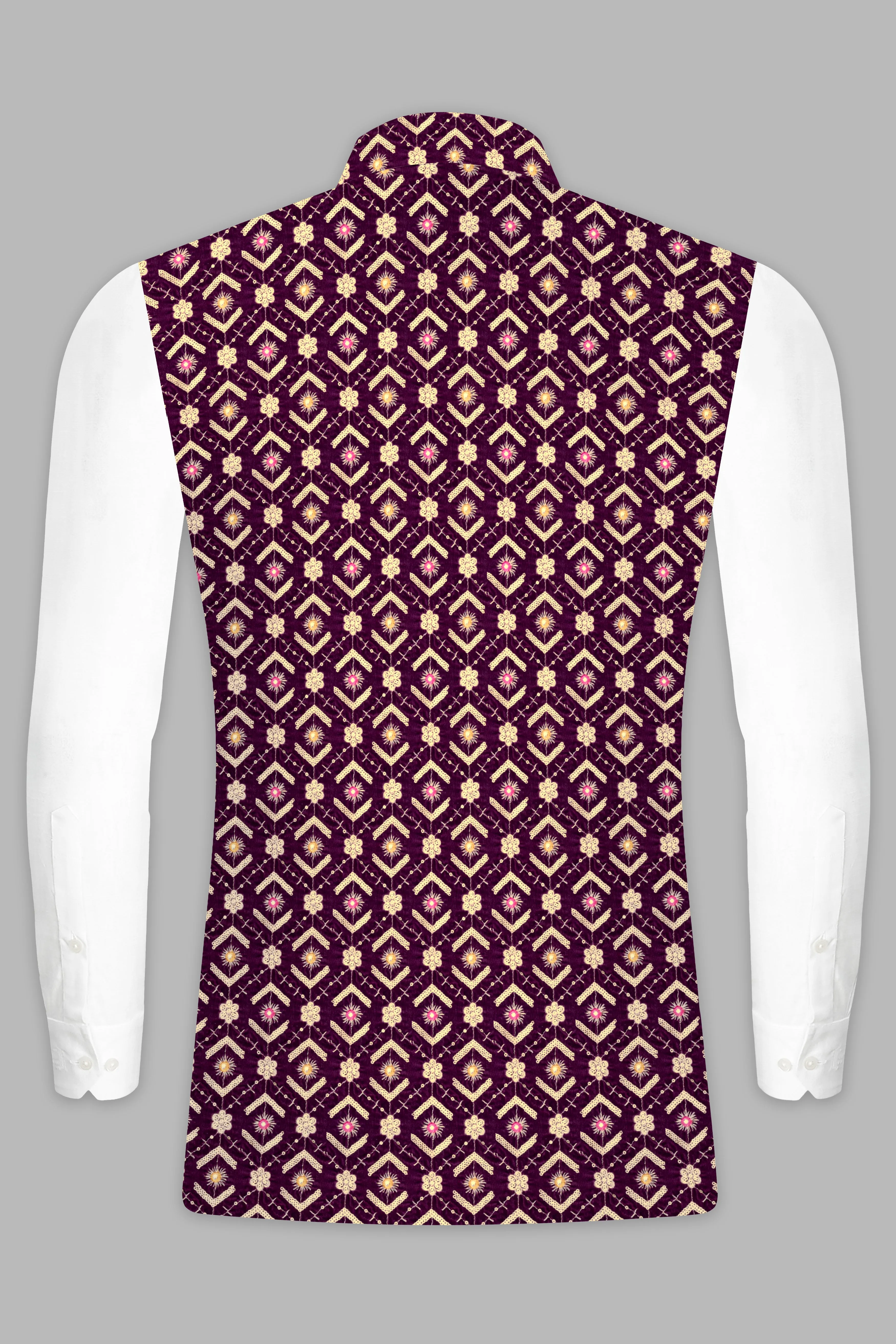 Blackberry Purple Velvet Thread And Sequin Embroidered Nehru Jacket