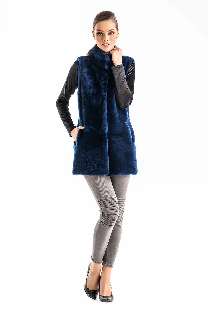 Blue Reversible Geniune Nappa Lamb Leather Mouton Fur Vest