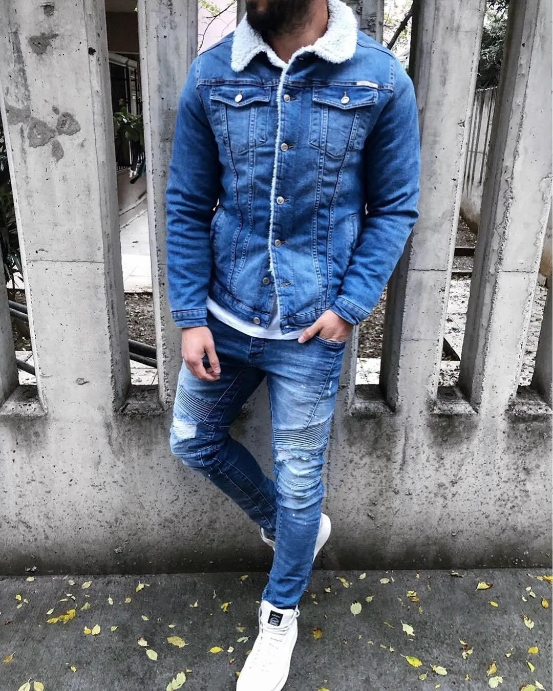 Blue Woolen Collar Jeans Jacket B324 Streetwear Mens Jean Jacket