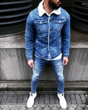 Blue Woolen Collar Jeans Jacket B324 Streetwear Mens Jean Jacket