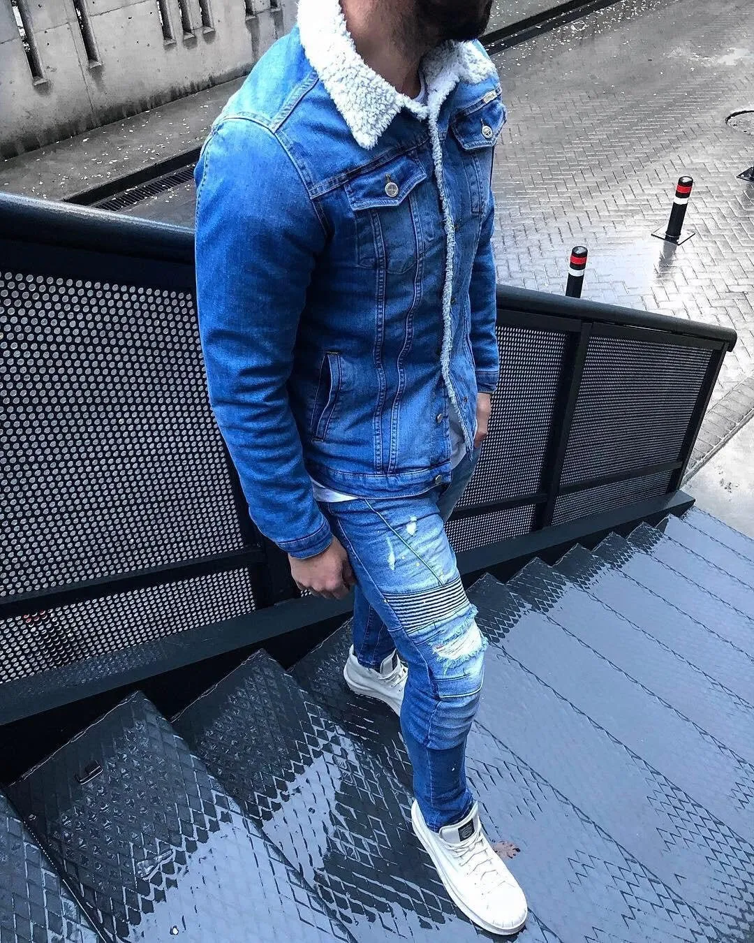 Blue Woolen Collar Jeans Jacket B324 Streetwear Mens Jean Jacket