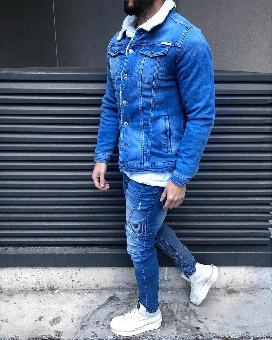 Blue Woolen Collar Jeans Jacket B324 Streetwear Mens Jean Jacket