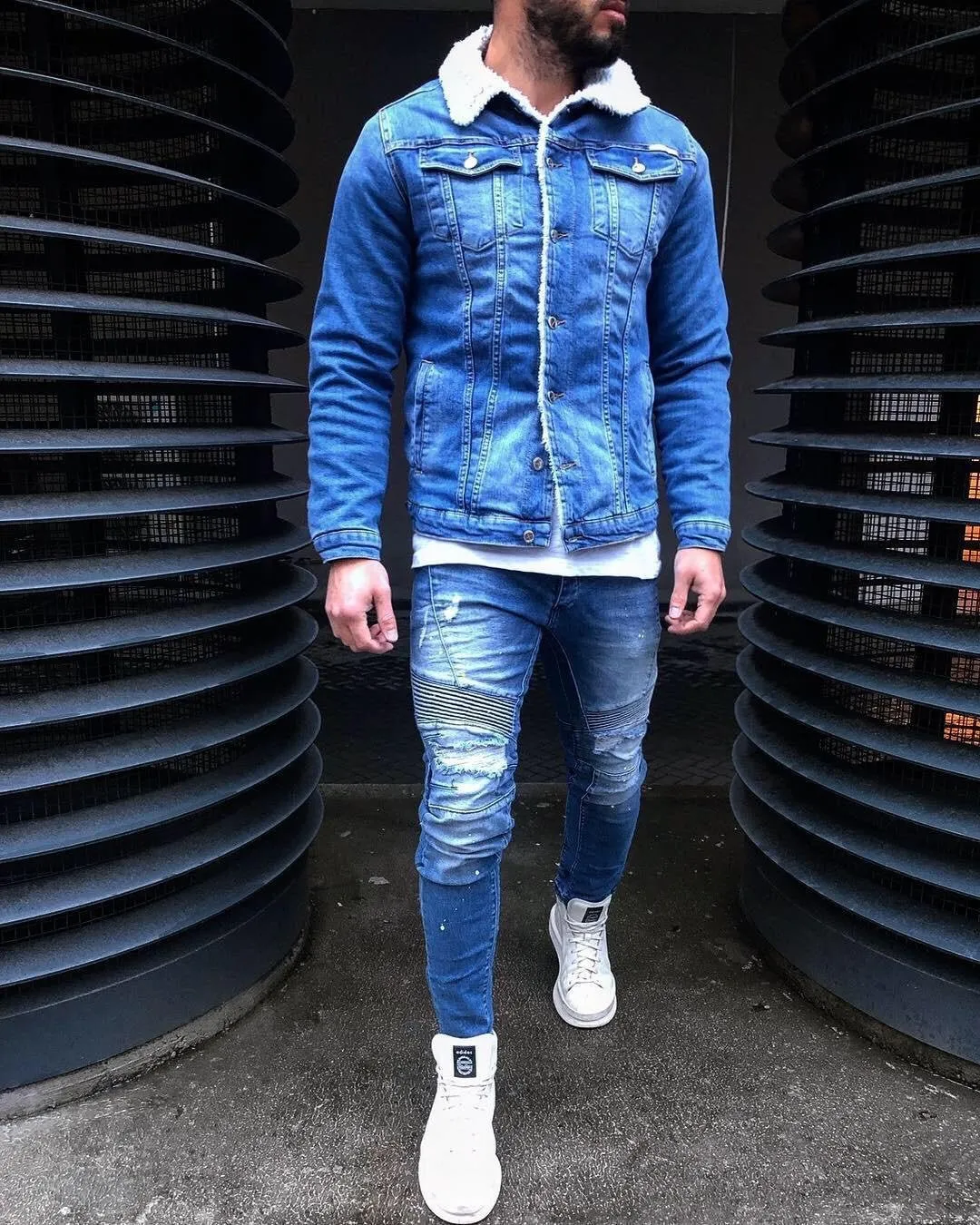 Blue Woolen Collar Jeans Jacket B324 Streetwear Mens Jean Jacket