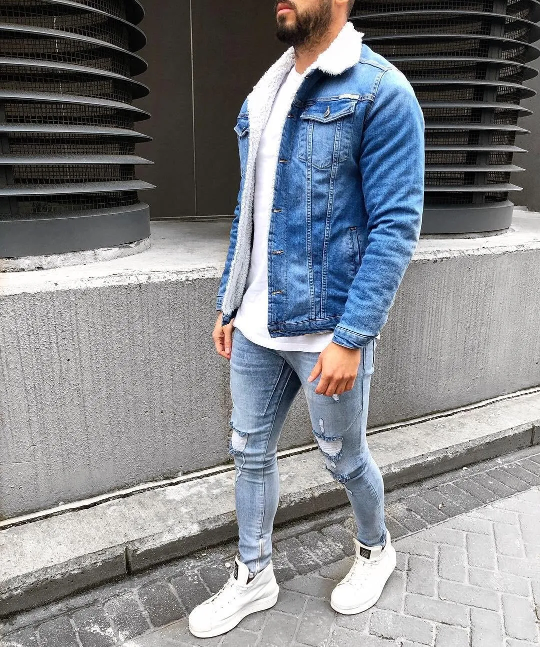 Blue Woolen Collar Jeans Jacket B324 Streetwear Mens Jean Jacket