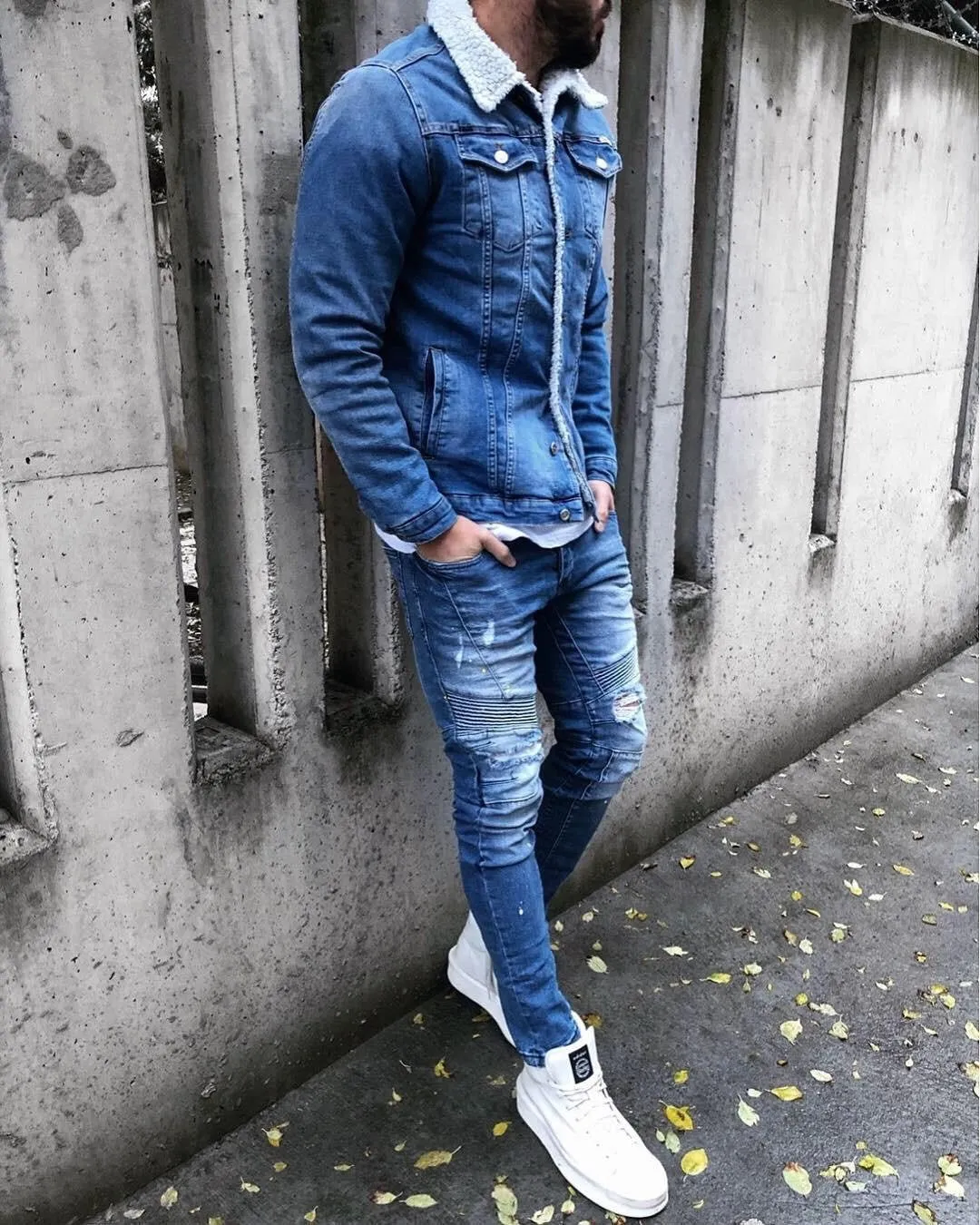 Blue Woolen Collar Jeans Jacket B324 Streetwear Mens Jean Jacket