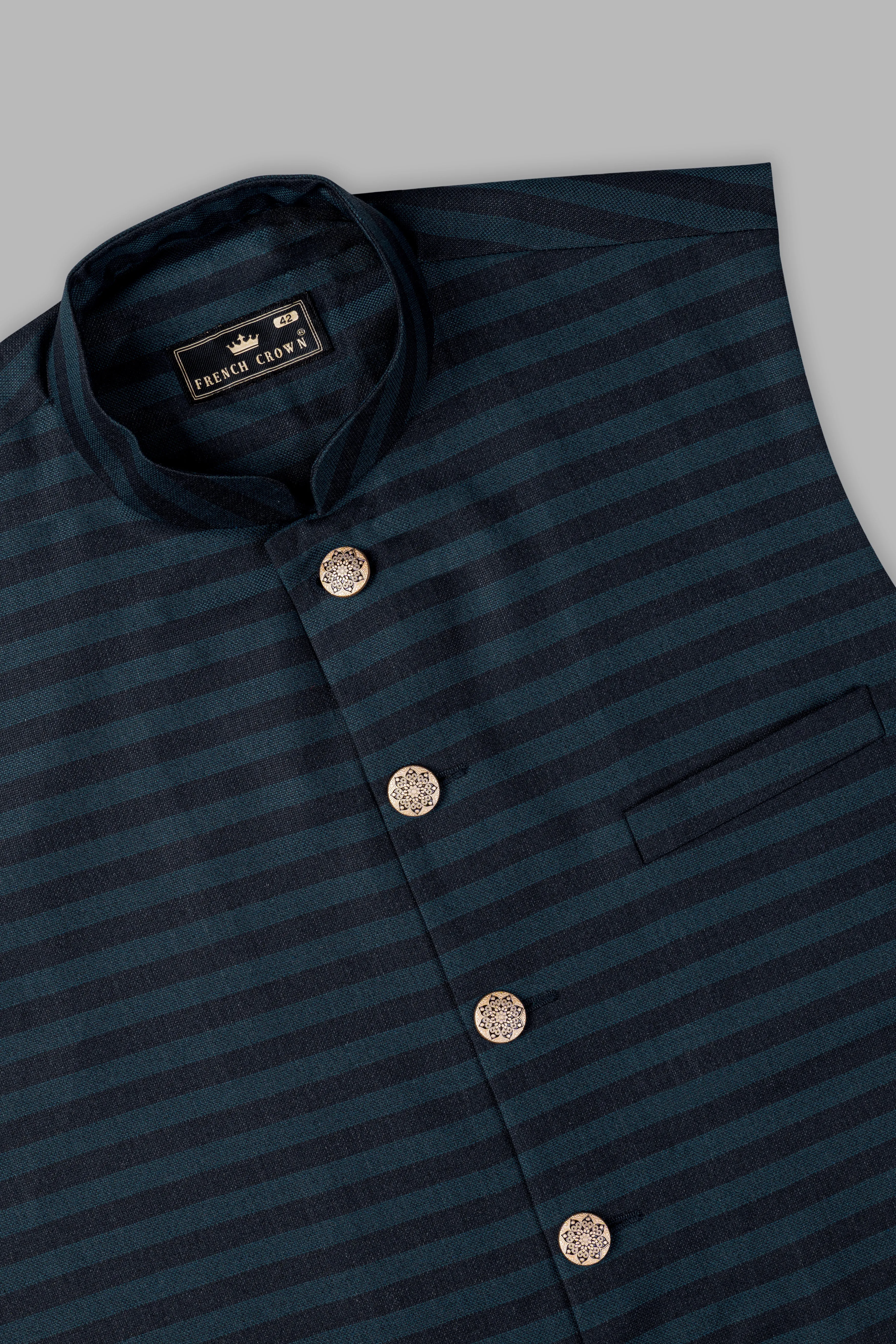 Bluish Blue And Jade Black Striped Nehru jacket