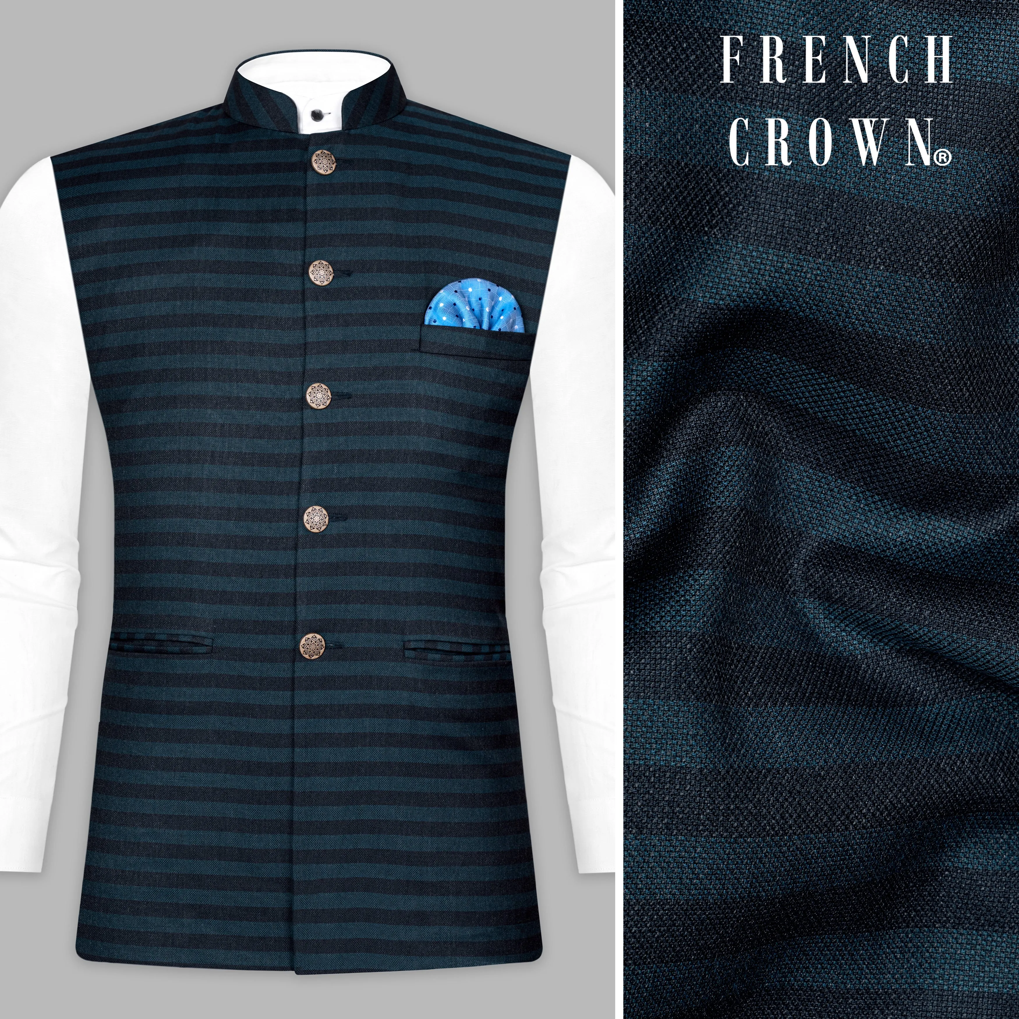 Bluish Blue And Jade Black Striped Nehru jacket