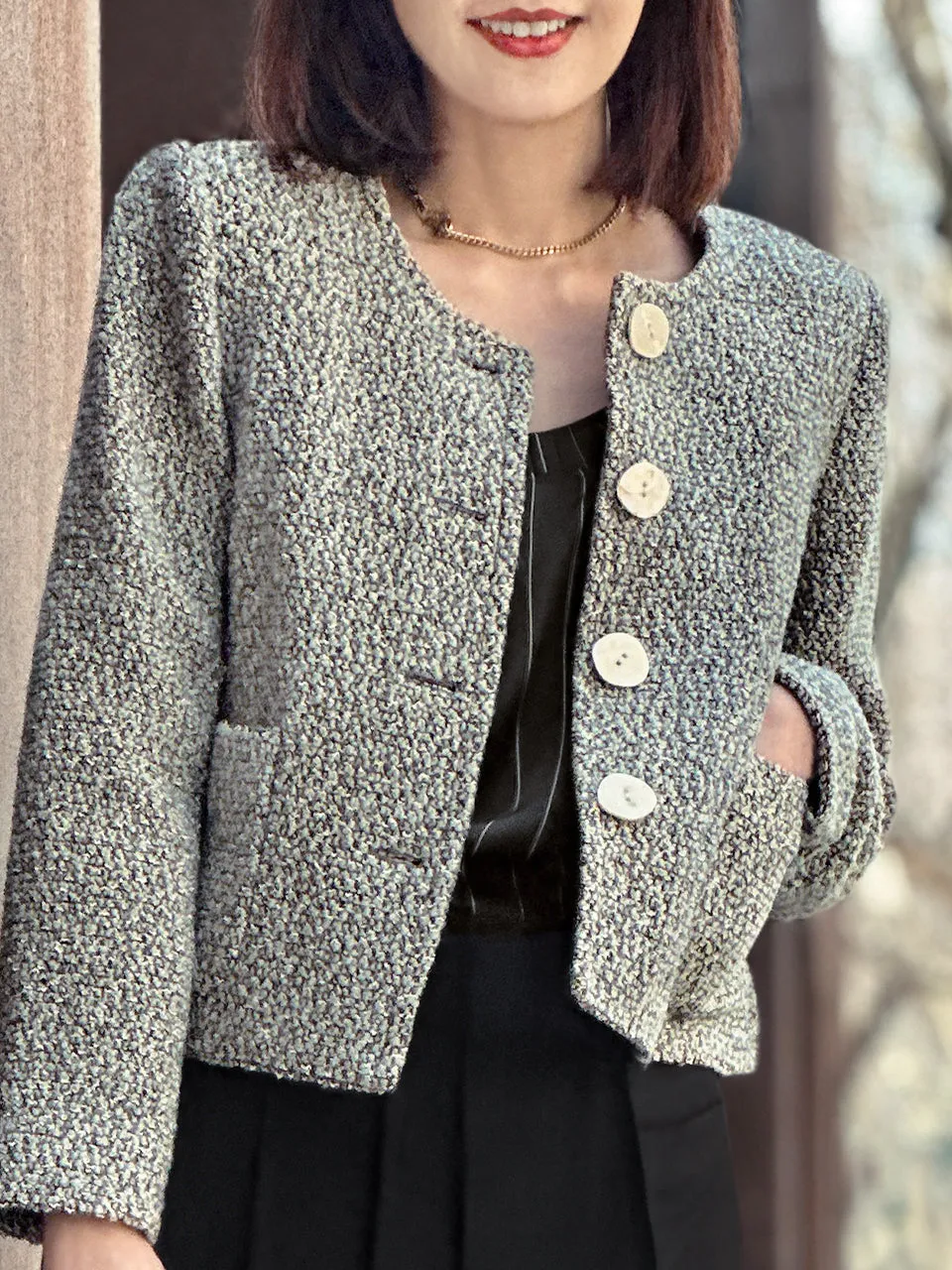 Bluish Grey Button Front Boxy Bouclè Tweed Crop Jacket