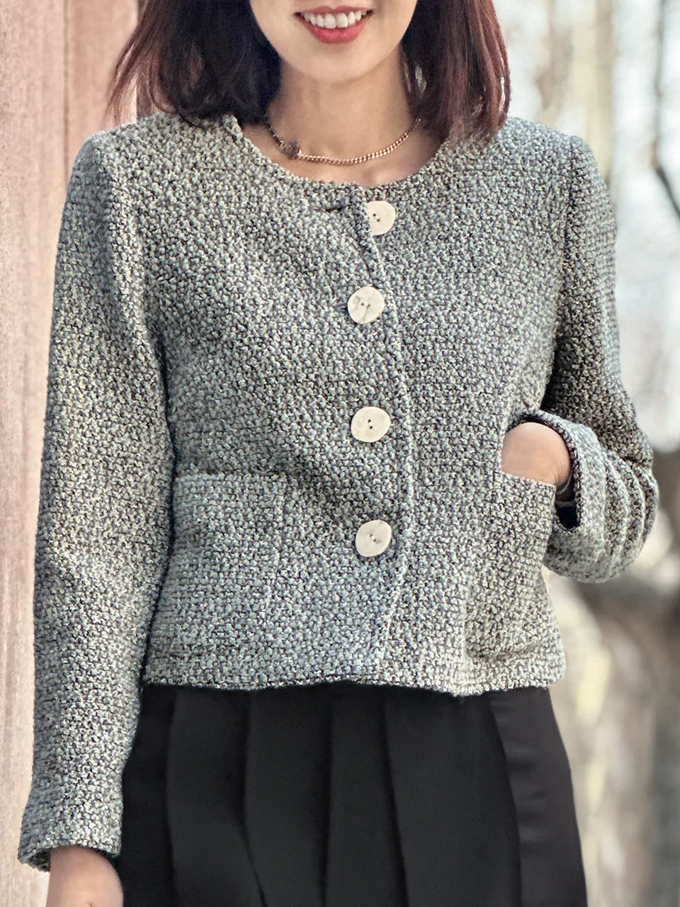 Bluish Grey Button Front Boxy Bouclè Tweed Crop Jacket