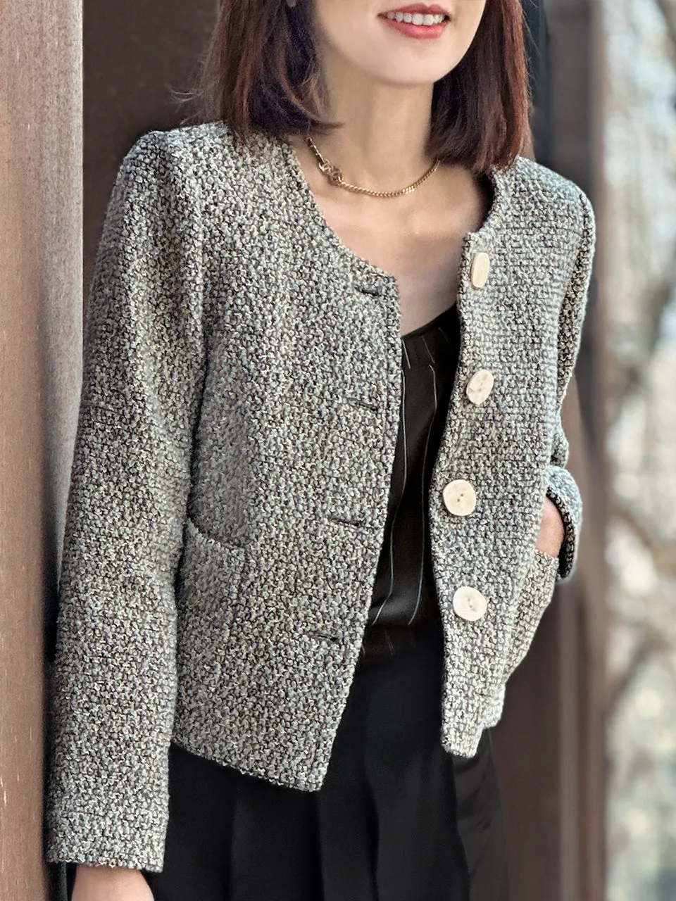 Bluish Grey Button Front Boxy Bouclè Tweed Crop Jacket