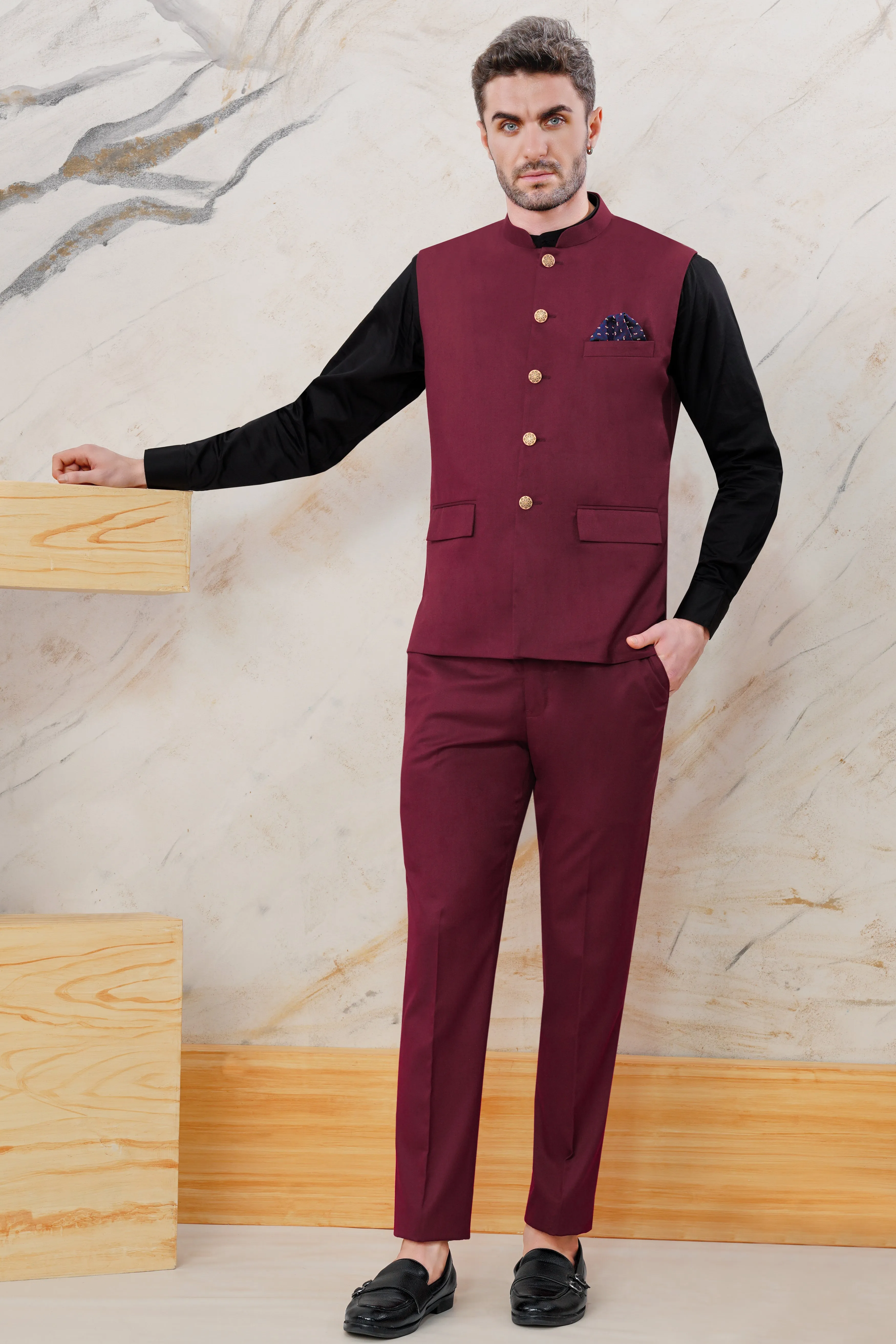 Bordeaux Maroon Wool Rich Nehru Jacket