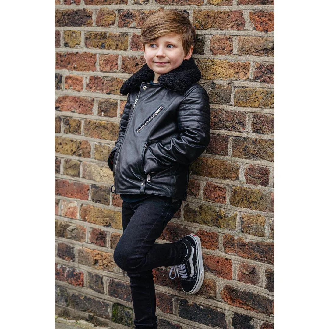 Boys Kids Real leather Biker Style Jacket Brando Cross Zip Black Fur Collar