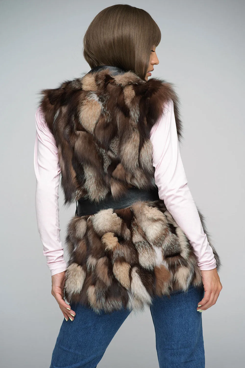 Brown Genuine Fox Fur Vest with Leather Belt