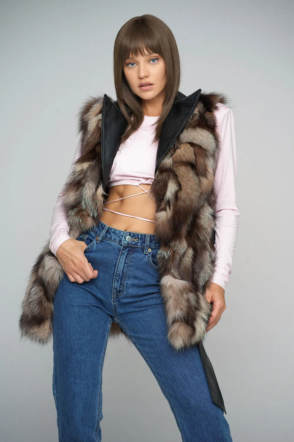 Brown Genuine Fox Fur Vest with Leather Belt