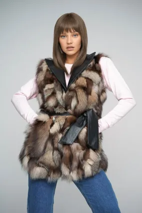 Brown Genuine Fox Fur Vest with Leather Belt