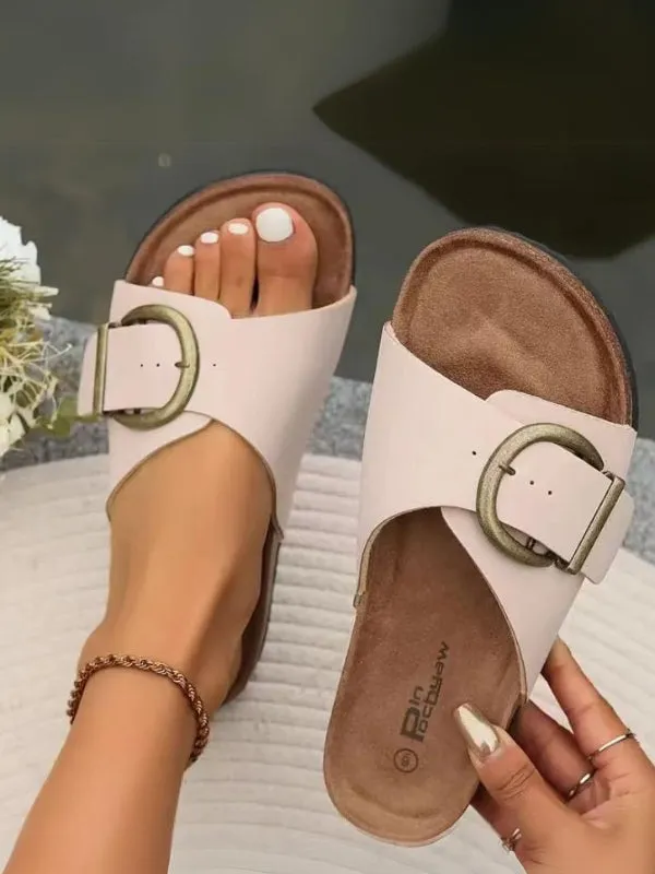 Buckle Solid Color Beach Flat Slippers