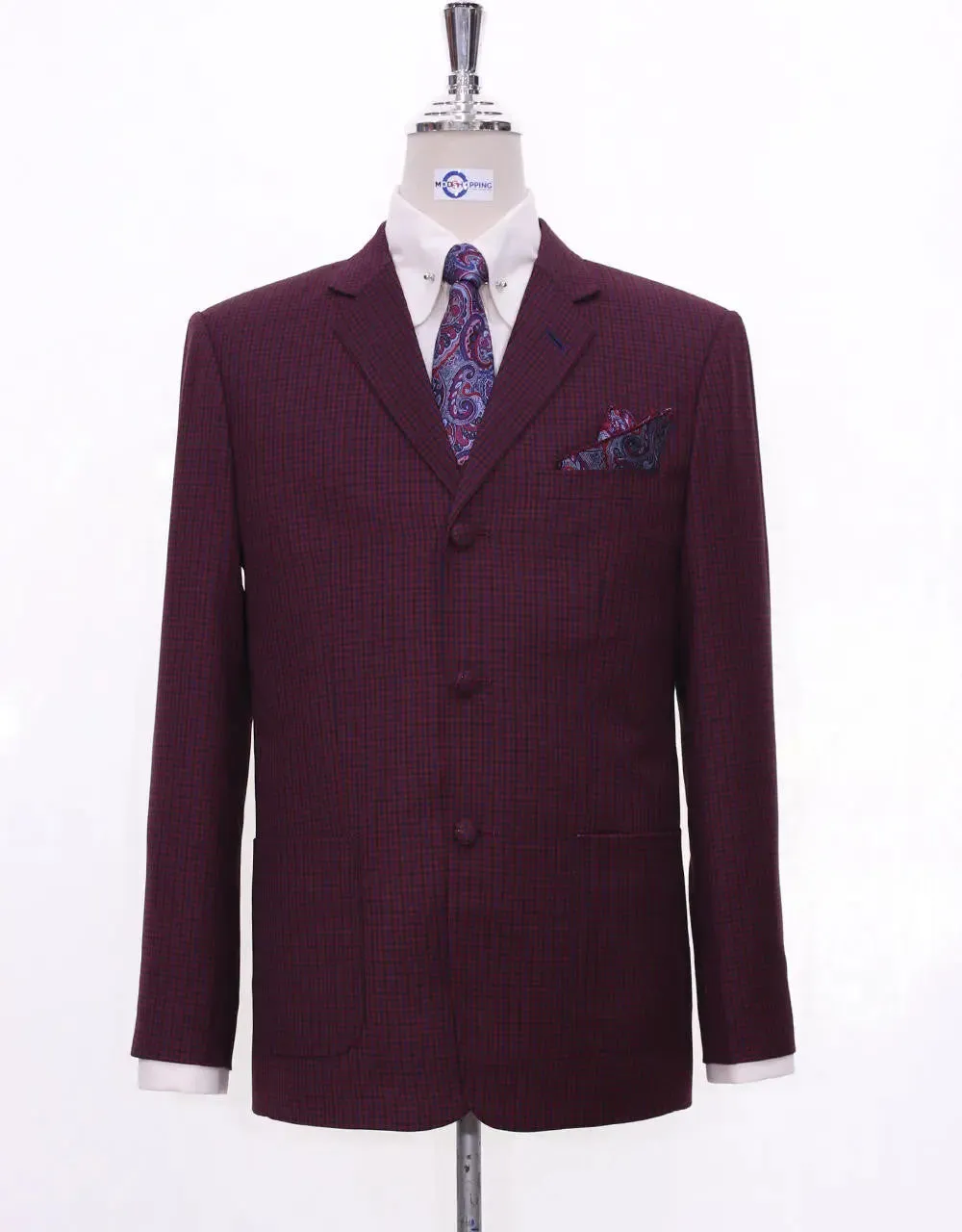 Burgundy Houndstooth Suit Jacket Size 38R Trouser 32/32