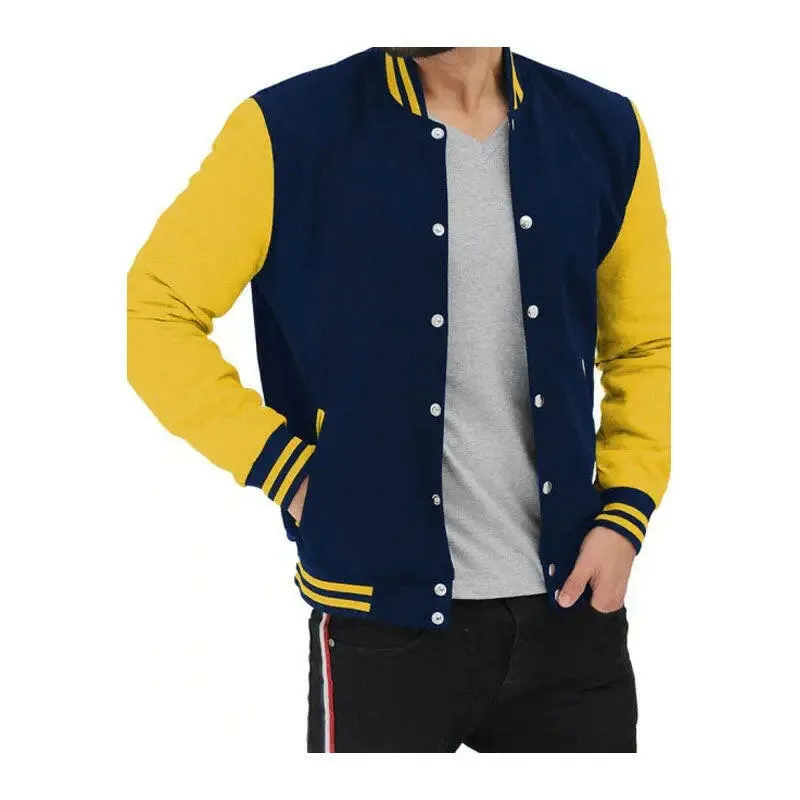 Buy Best Quality Navy Blue and Yellow Baseball Style Letterman High School Varsity Jacket For Sale