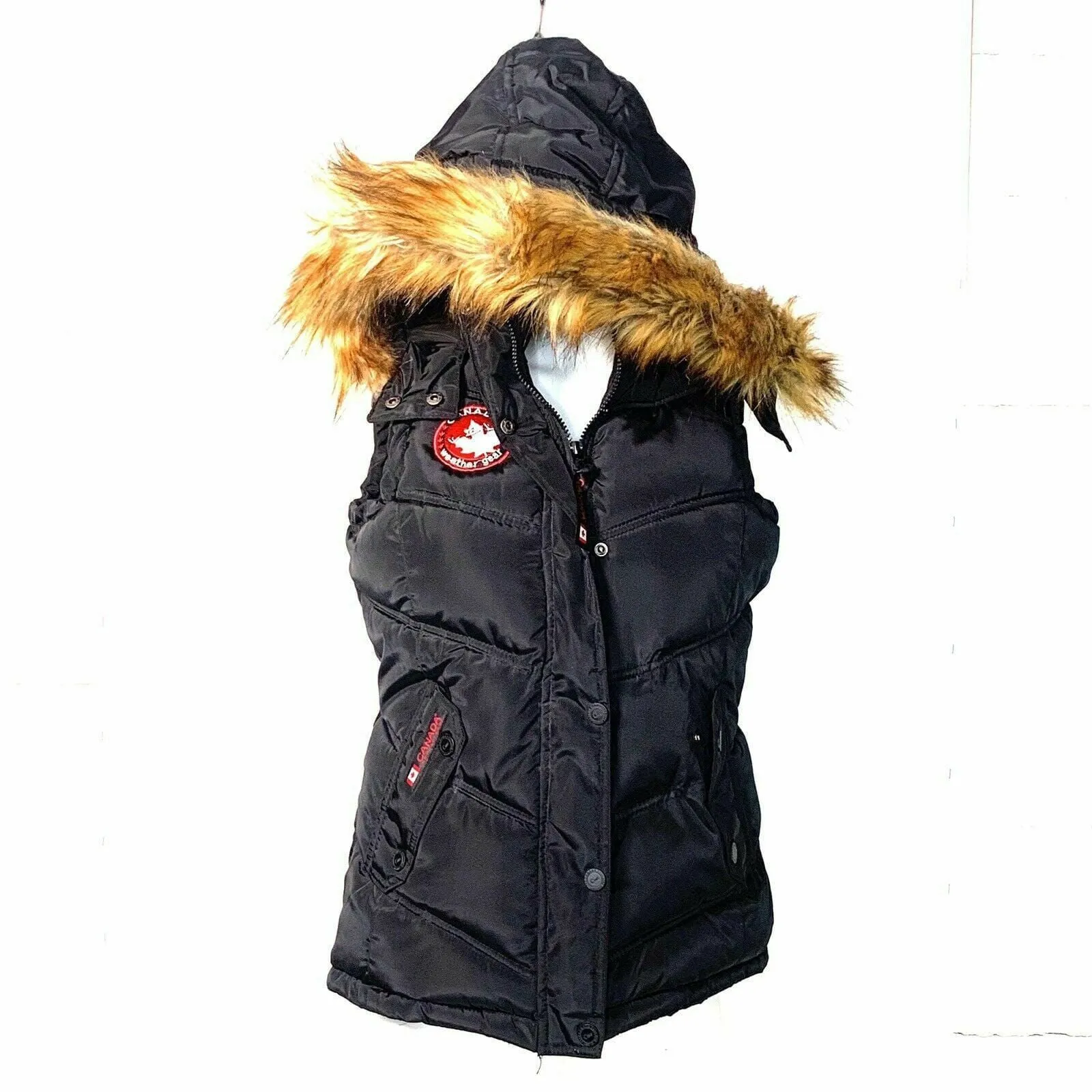 Canada Weather Gear Womens Size S Black Puffer Vest Hooded Faux Fur Trim