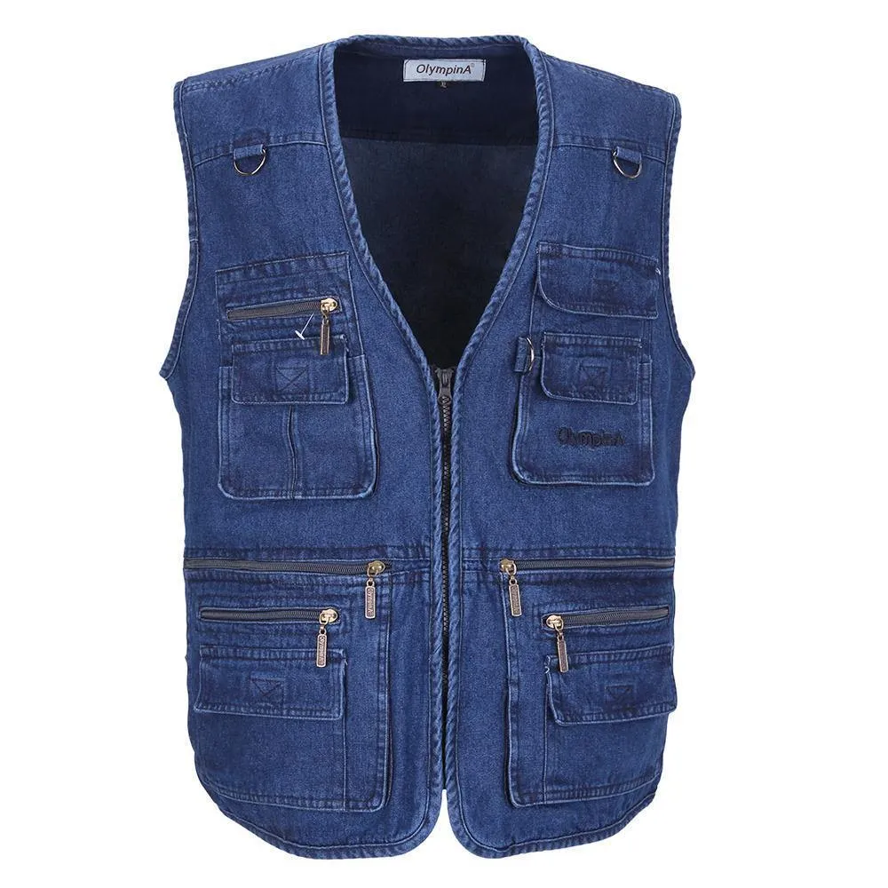 Casual Denim Vest w/ Many Pockets, Blue