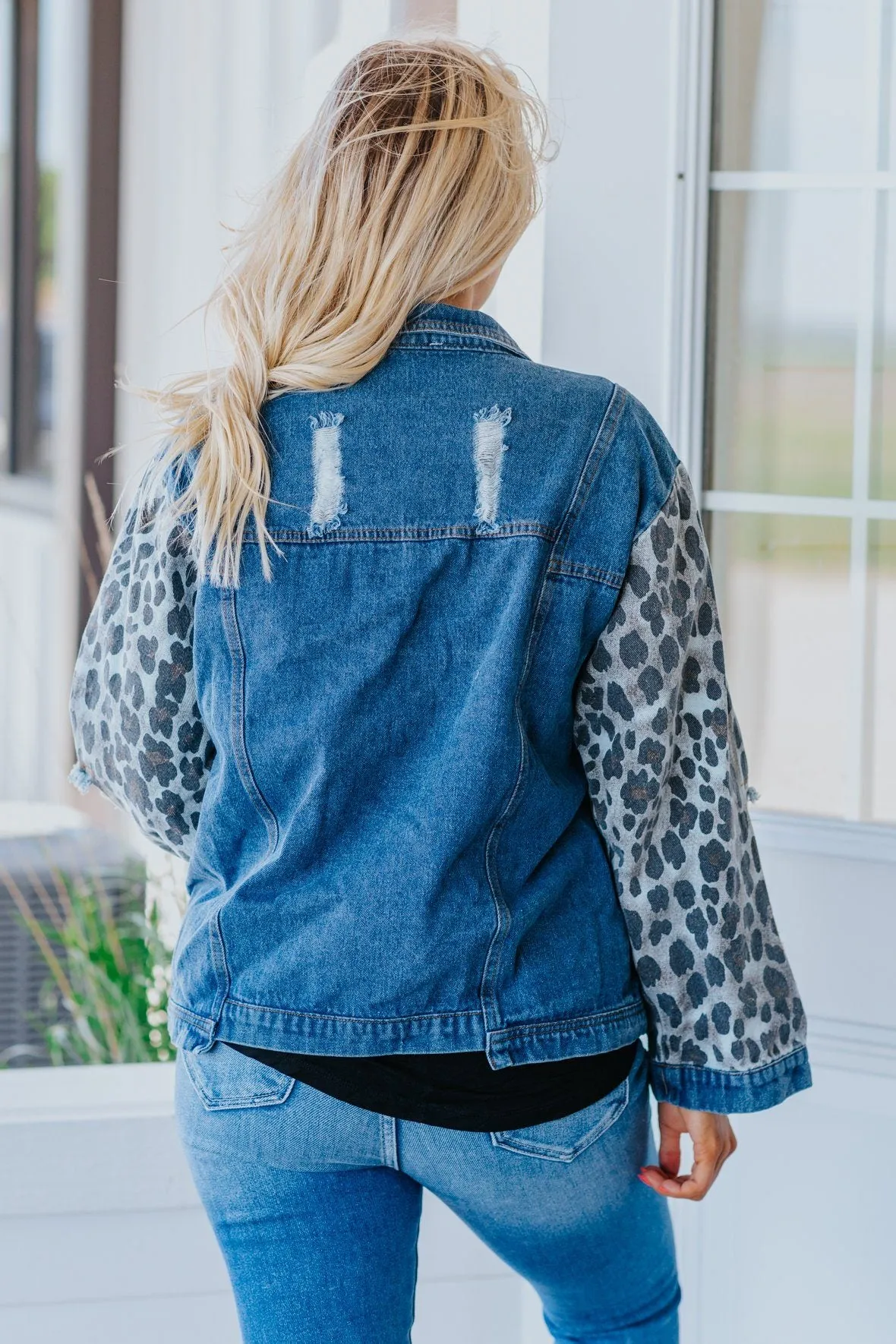 Catching The Breeze Leopard Print Distressed Denim Button Down Jean Jacket