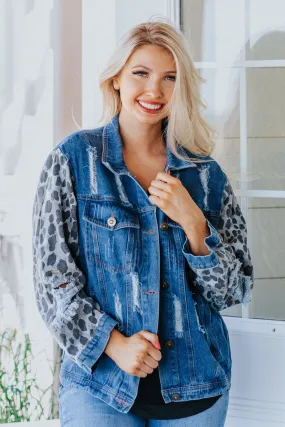 Catching The Breeze Leopard Print Distressed Denim Button Down Jean Jacket